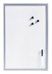 Magnet-Schreibtafel aus Metall mit drei schwarzen Magneten und einem schwarzen Stift, frontal abgebildet.