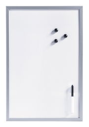 Magnet-Schreibtafel aus Metall mit drei schwarzen Magneten und einem schwarzen Stift, frontal abgebildet.