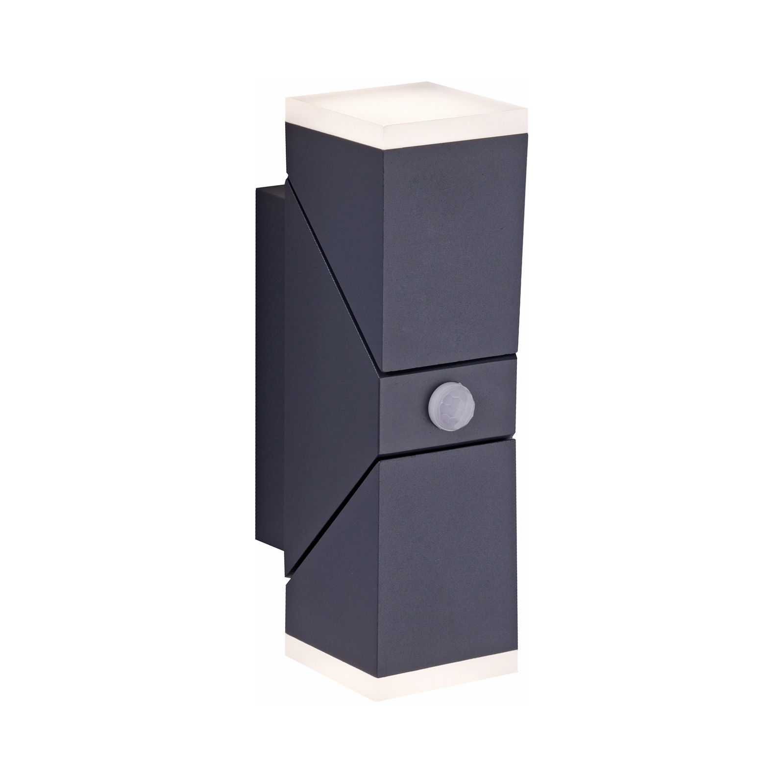 Anthrazitfarbene Wand- und Deckenleuchte mit modernem, geometrischem Design und integriertem Sensor, seitliche Perspektive.