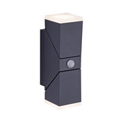 Anthrazitfarbene Wand- und Deckenleuchte mit modernem, geometrischem Design und integriertem Sensor, seitliche Perspektive.