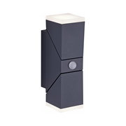 Anthrazitfarbene Wand- und Deckenleuchte mit modernem, geometrischem Design und integriertem Sensor, seitliche Perspektive.