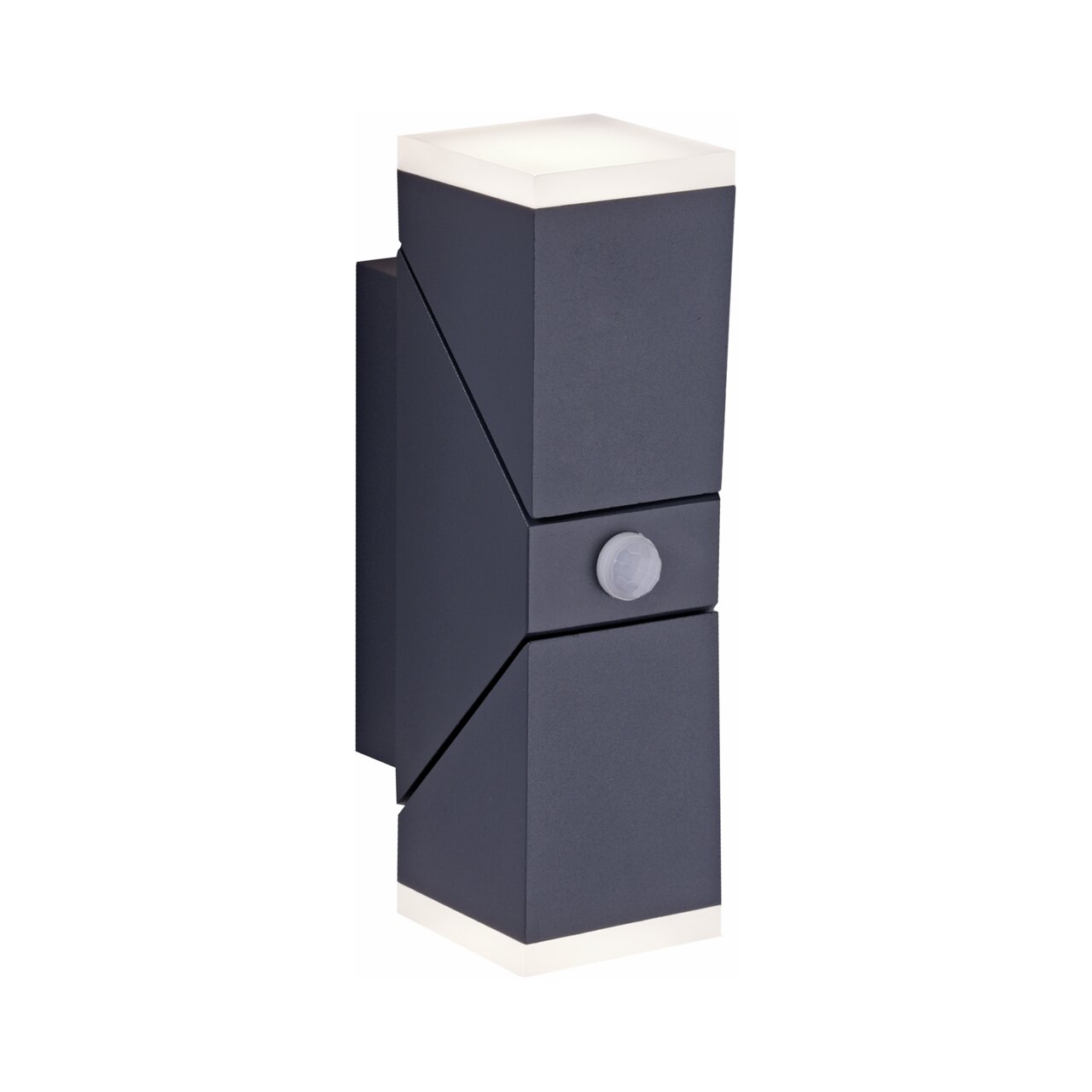 Anthrazitfarbene Wand- und Deckenleuchte mit modernem, geometrischem Design und integriertem Sensor, seitliche Perspektive.