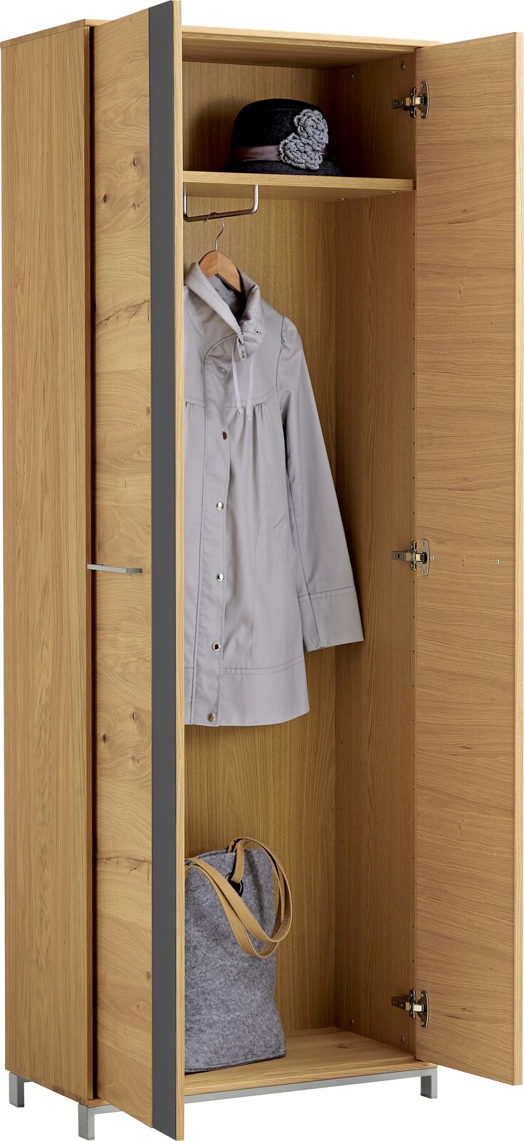 VOSS Dielenschrank VEDO Geöffneter Dielenschrank aus Holz mit einer Jacke, einem Hut und einer Tasche, frontal betrachtet.