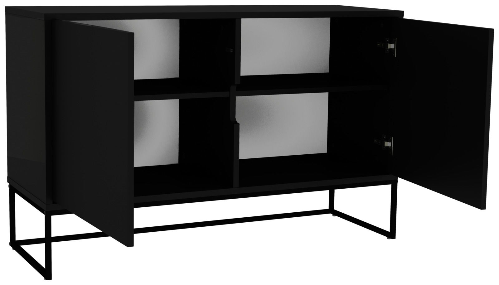 Schwarzes Sideboard mit offenen Türen, zeigt Innenfächer, seitliche Perspektive
