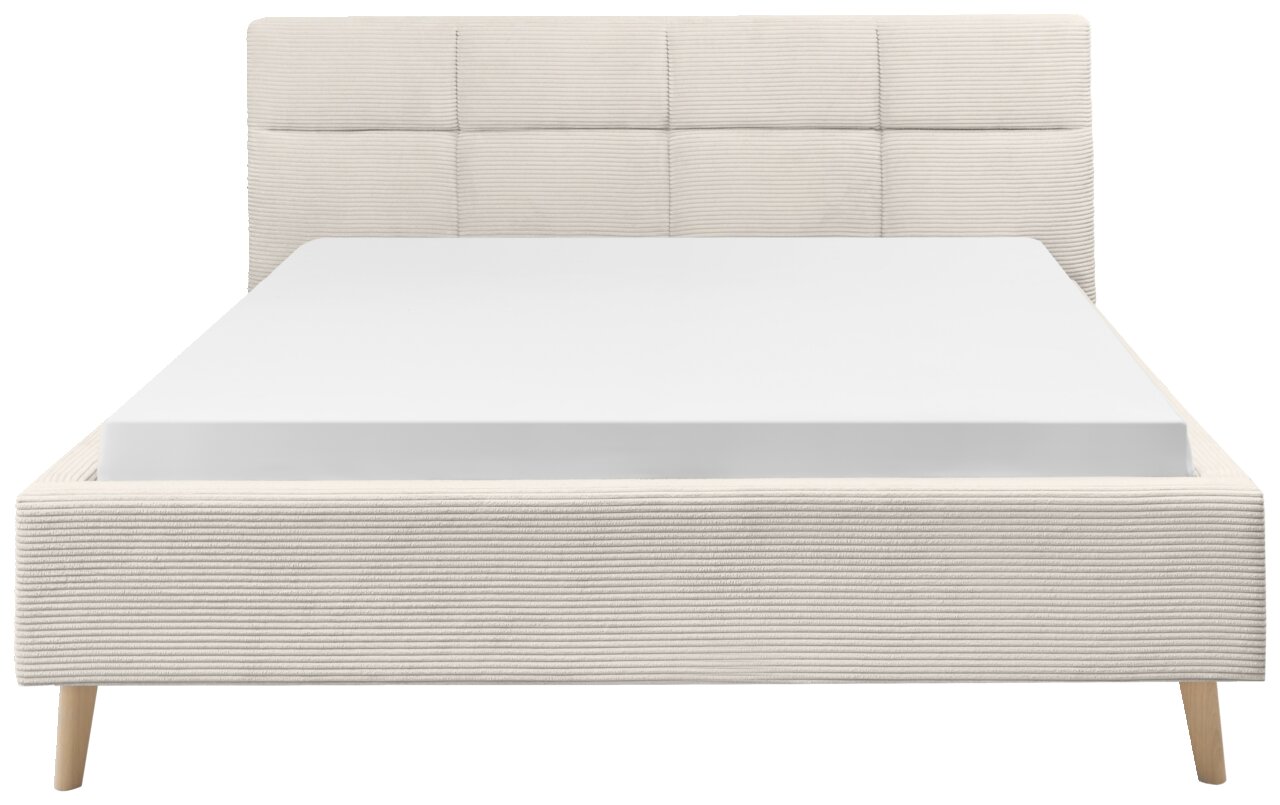 Frontale Ansicht eines Polsterbetts mit hellem Stoffbezug und Holzbeinen.