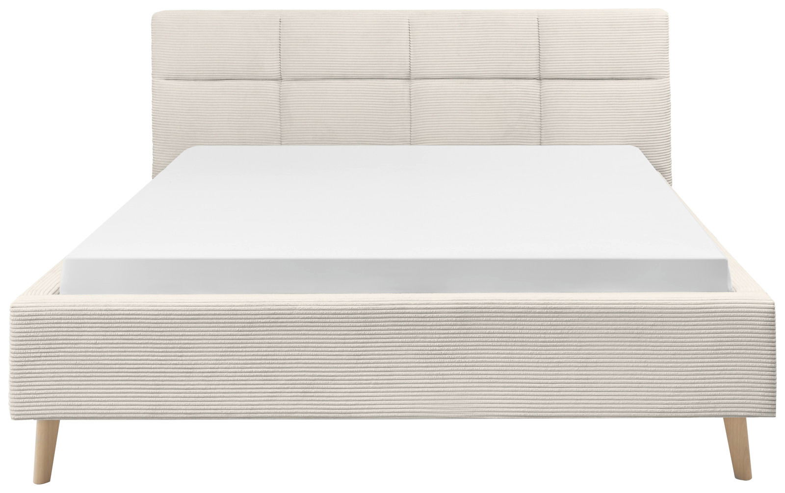 Frontale Ansicht eines Polsterbetts mit hellem Stoffbezug und Holzbeinen.