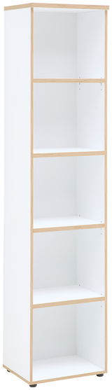 Schmales Regal mit fünf offenen Fächern, weiße Oberfläche mit Holzrahmen, seitliche Perspektive