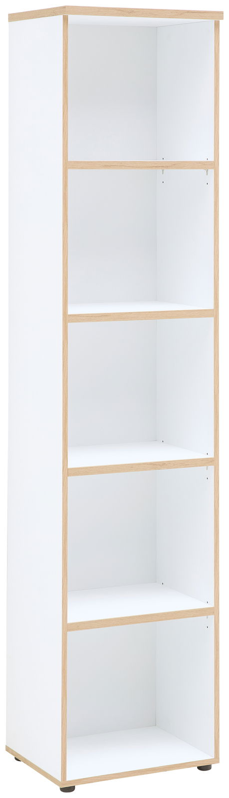 Schmales Regal mit fünf offenen Fächern, weiße Oberfläche mit Holzrahmen, seitliche Perspektive