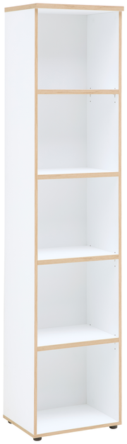 Schmales Regal mit fünf offenen Fächern, weiße Oberfläche mit Holzrahmen, seitliche Perspektive