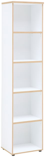 Schmales Regal mit fünf offenen Fächern, weiße Oberfläche mit Holzrahmen, seitliche Perspektive