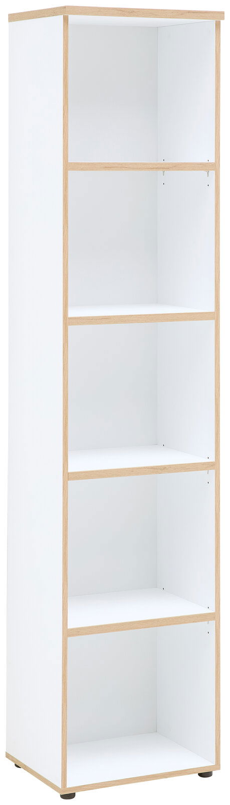 Voleo Regal schmal DETROIT Schmales Regal mit fünf offenen Fächern, weiße Oberfläche mit Holzrahmen, seitliche Perspektive