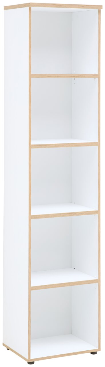 Voleo Regal schmal DETROIT Schmales Regal mit fünf offenen Fächern, weiße Oberfläche mit Holzrahmen, seitliche Perspektive