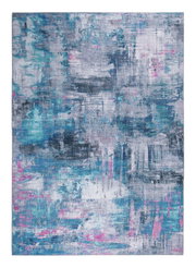 Moderner Teppich in abstraktem Design mit blauen, grauen und rosa Farbtönen, Draufsicht