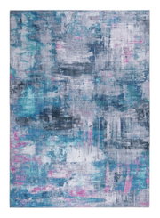 Moderner Teppich in abstraktem Design mit blauen, grauen und rosa Farbtönen, Draufsicht