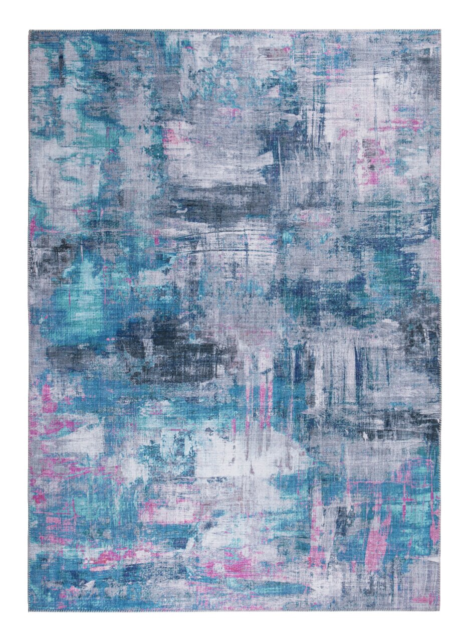 Modern tapijt met een abstract patroon in blauwe, grijze en roze tinten, bovenaanzicht