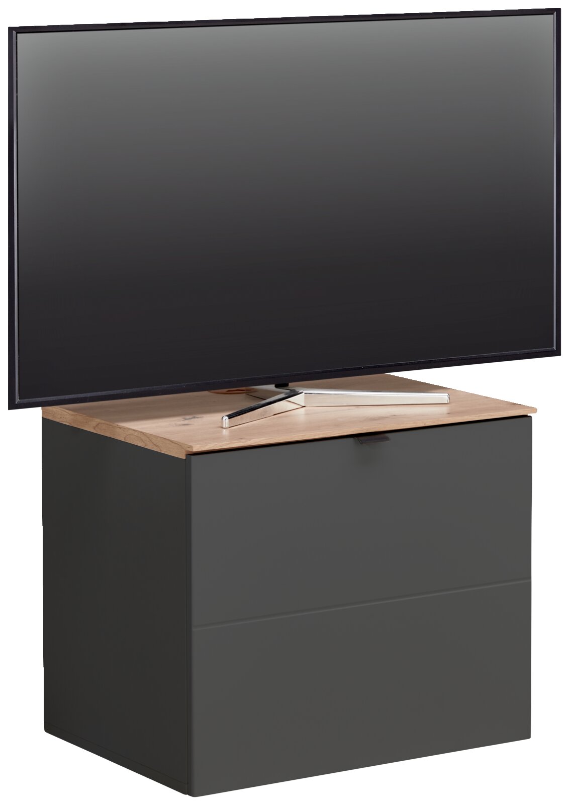 TV-Lowboard in dunklem Design mit Holzoberfläche, frontal betrachtet, mit einem großen Fernseher darauf.