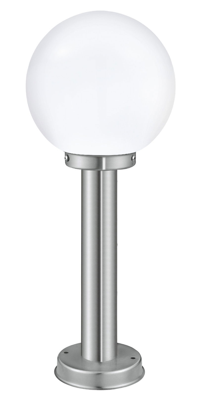Moderne Außen-Stehleuchte NISIA mit kugelförmigem, weißem Lampenschirm und Edelstahlfuß, frontal abgebildet.