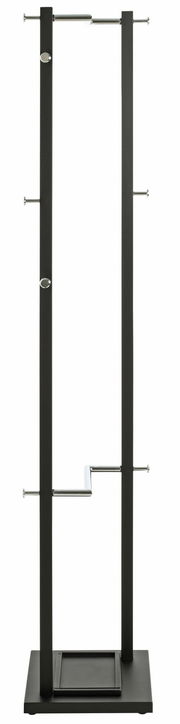 Moderner Garderobenständer aus Metall mit mehreren Haken, frontal abgebildet.