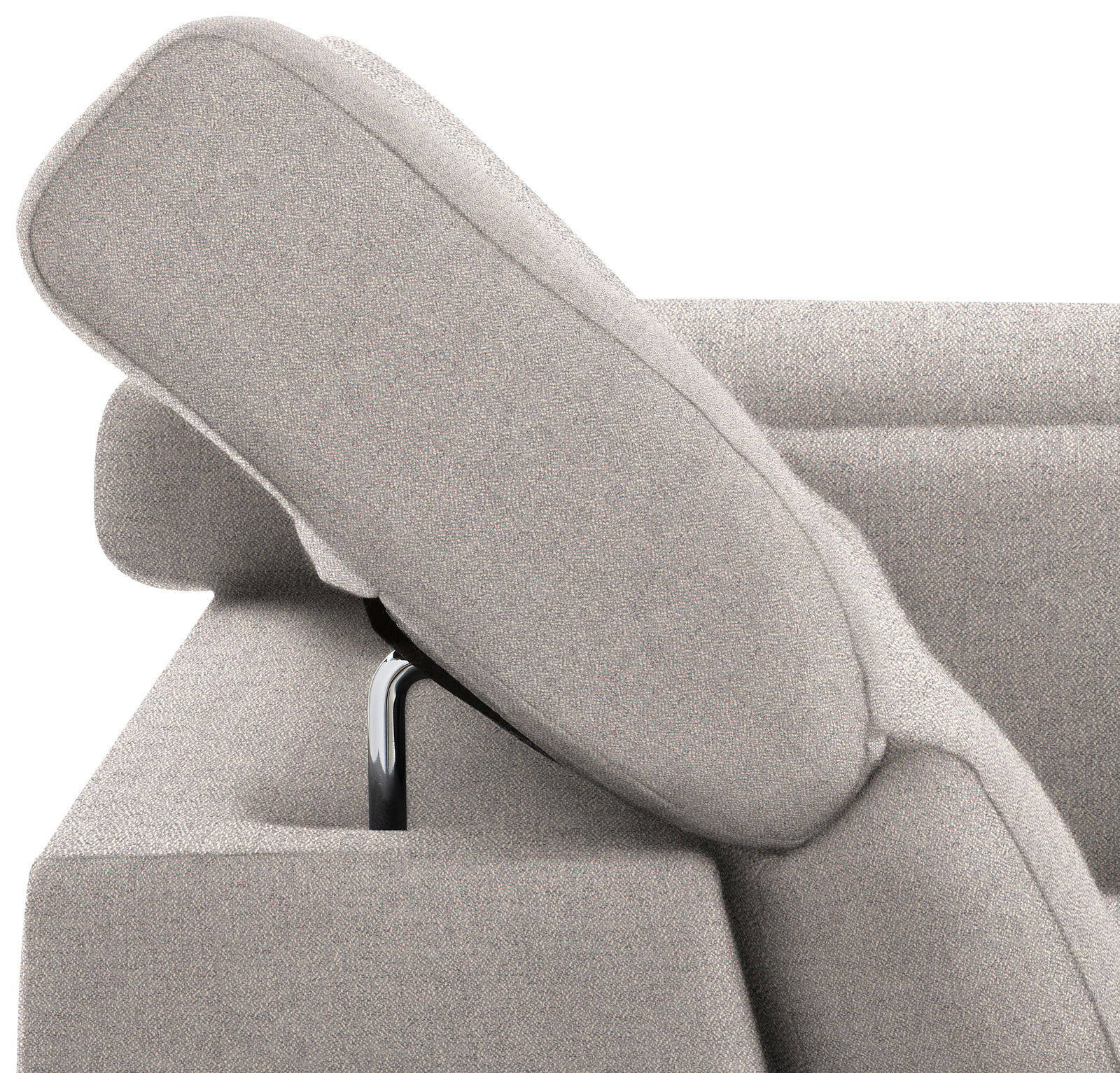 Nahaufnahme einer grauen Rundecke mit verstellbarer Kopfstütze, seitliche Perspektive