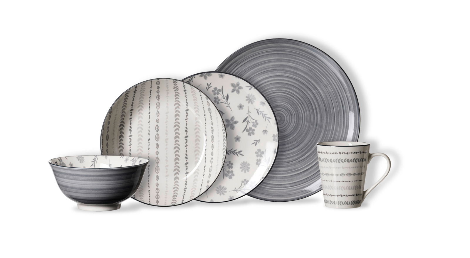 Kombiservice 30-tlg. in Grau und Weiß mit verschiedenen Mustern, bestehend aus Teller, Schüssel und Tasse, seitliche Perspektive