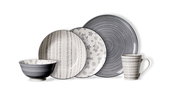 Kombiservice 30-tlg. in Grau und Weiß mit verschiedenen Mustern, bestehend aus Teller, Schüssel und Tasse, seitliche Perspektive