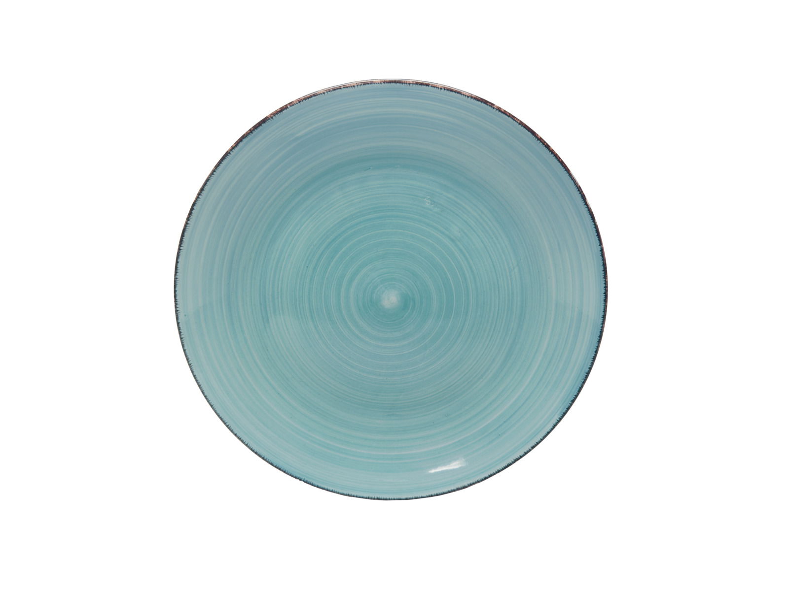 Runde, türkisfarbene Keramikplatte mit feiner Kreisstruktur, Draufsicht