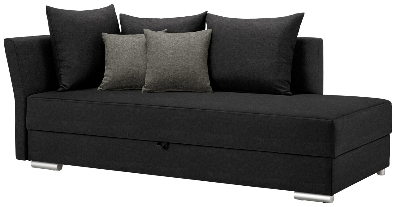 Schwarzes Funktionssofa mit fünf Kissen, seitliche Perspektive