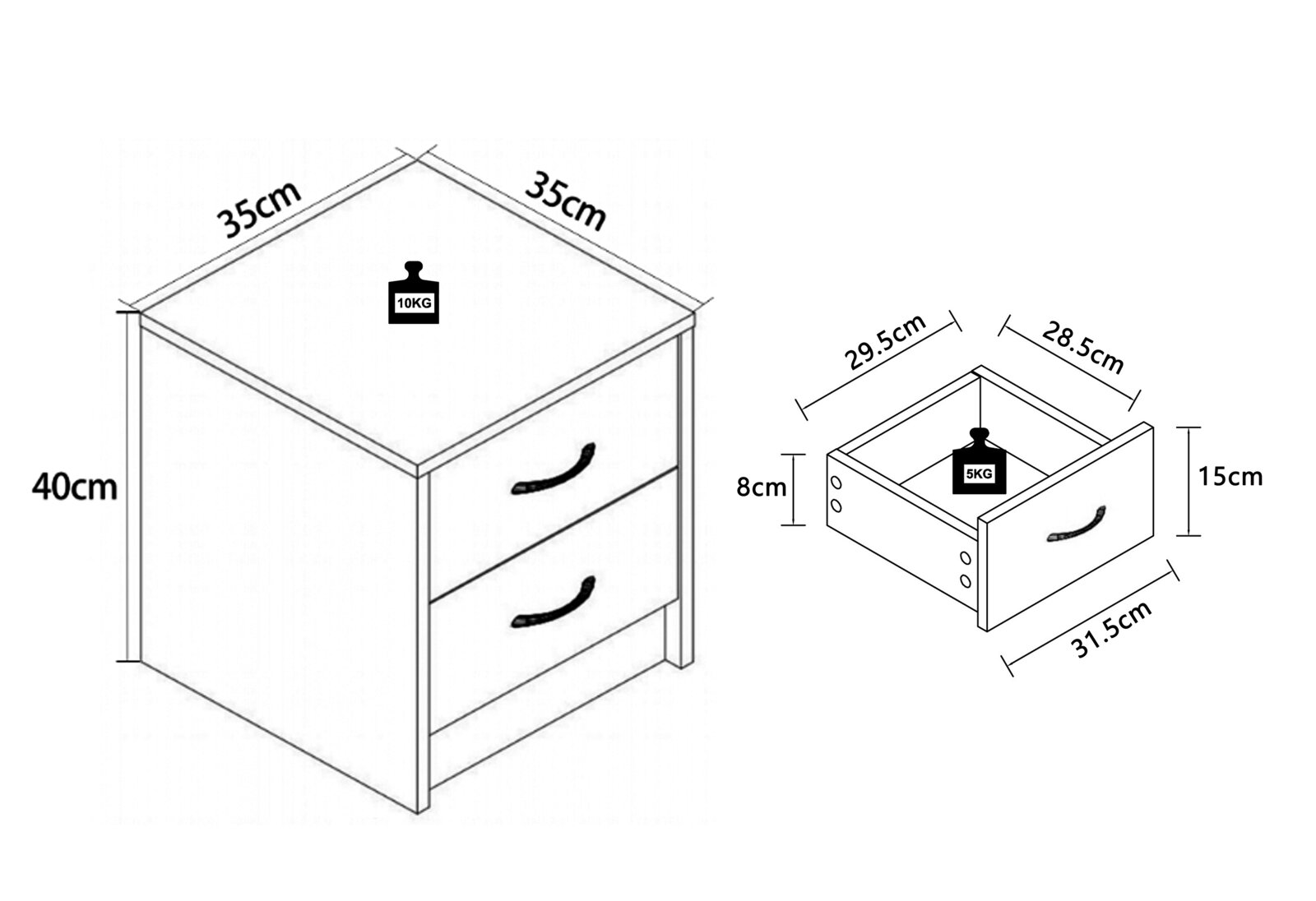 Technische Zeichnung eines kompakten Nachttischs mit zwei Schubladen, Maße 35×35×40 cm, Schubladeninnenmaß ca. 29,5×28,5×8 cm, Schubladenfront 31,5×15 cm, Tragkraft oben 10 kg und pro Schublade 5 kg, dargestellt in schräger Vorderansicht.