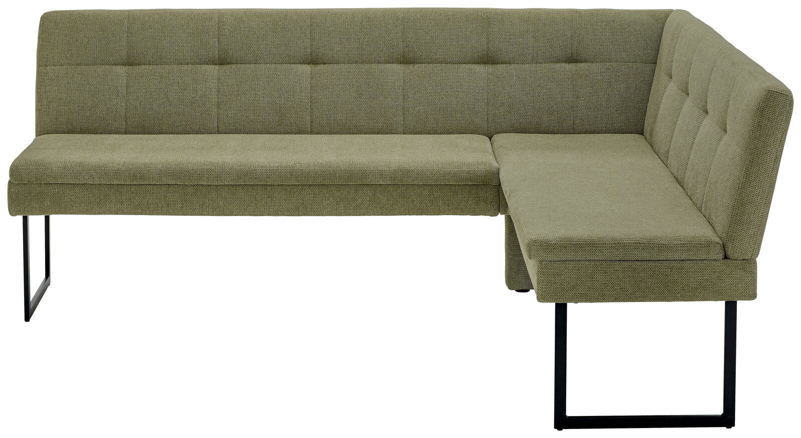 Grüne Eckbank mit schwarzem Metallgestell, Perspektive von vorne rechts