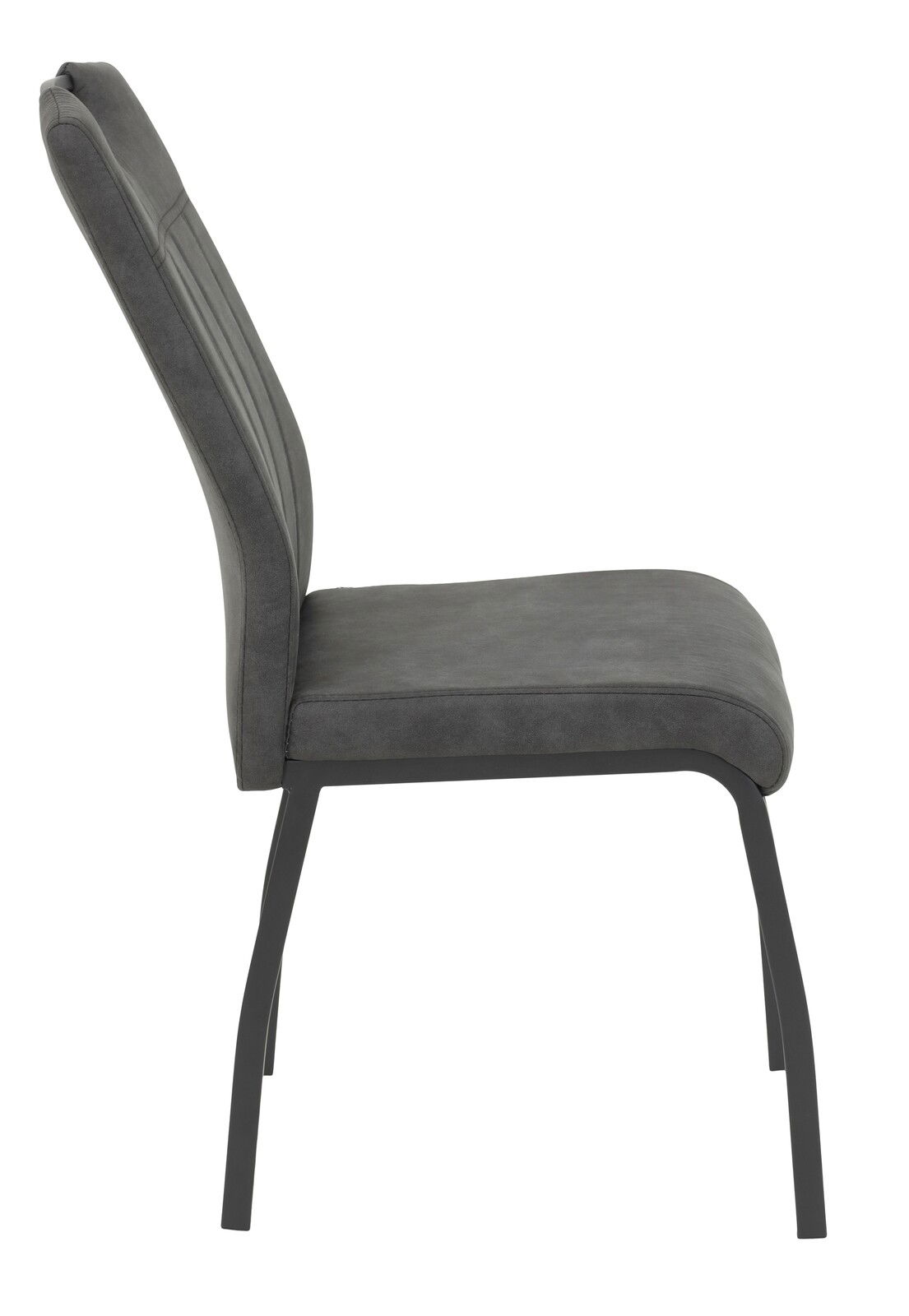 Moderner grauer Stuhl aus seitlicher Perspektive mit gepolsterter Sitzfläche und Rückenlehne sowie Metallbeinen.