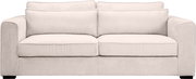 Beiges 2-Sitzer-Sofa mit Cordbezug, breiten Armlehnen und zwei großen Rückenkissen, frontal von vorne freigestellt auf weißem Hintergrund