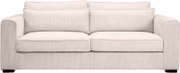Beiges 2-Sitzer-Sofa mit Cordbezug, breiten Armlehnen und zwei großen Rückenkissen, frontal von vorne freigestellt auf weißem Hintergrund