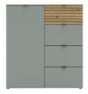 Frontale Ansicht einer modernen Kommode mit grauen und holzfarbenen Elementen, bestehend aus einer Tür und mehreren Schubladen.