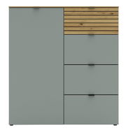 Frontale Ansicht einer modernen Kommode mit grauen und holzfarbenen Elementen, bestehend aus einer Tür und mehreren Schubladen.