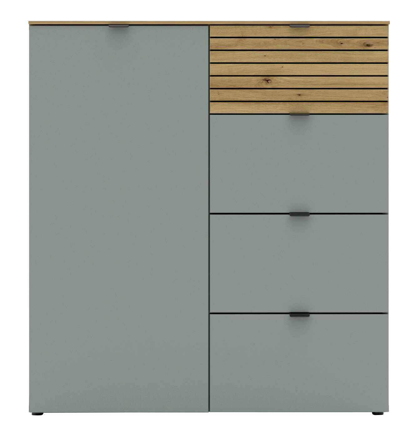 Frontale Ansicht einer modernen Kommode mit grauen und holzfarbenen Elementen, bestehend aus einer Tür und mehreren Schubladen.