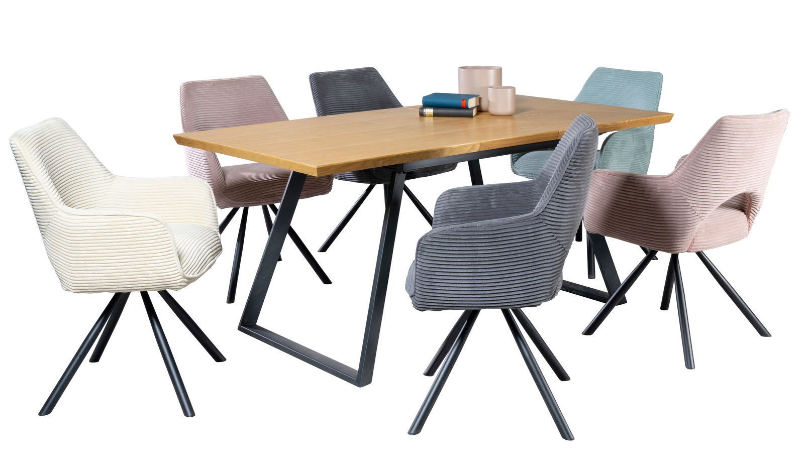 Z2 Esstisch JONNY Moderner Esstisch mit Holzplatte und sechs gepolsterten Stühlen in verschiedenen Farben, seitliche Perspektive