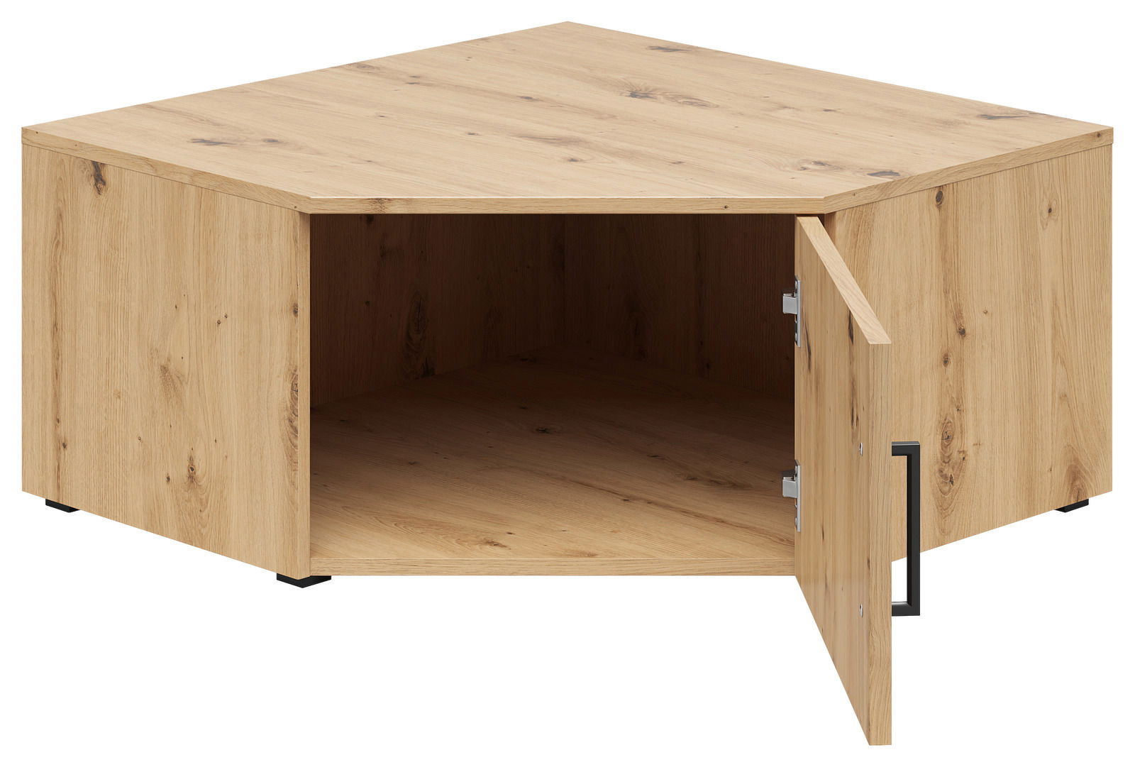 Eckaufsatzschrank aus Holz mit geöffneter Tür, perspektivisch von vorne rechts betrachtet