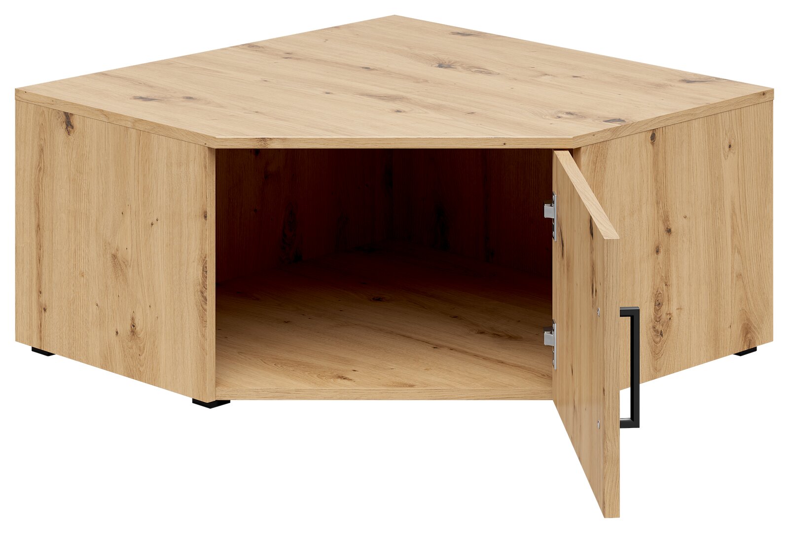 Eckaufsatzschrank aus Holz mit geöffneter Tür, perspektivisch von vorne rechts betrachtet