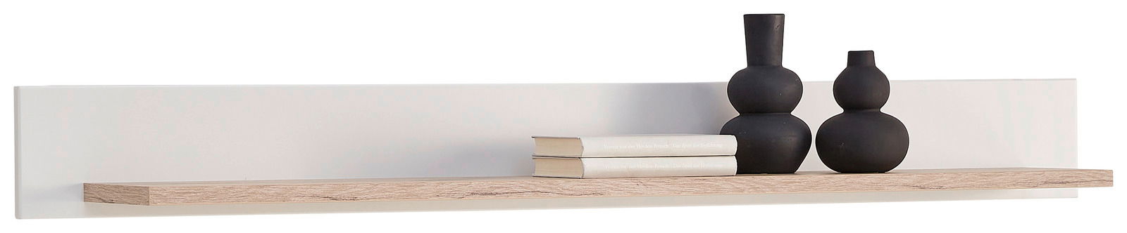 Modernes Wandboard in Holzoptik mit zwei schwarzen Vasen und Büchern, seitliche Perspektive