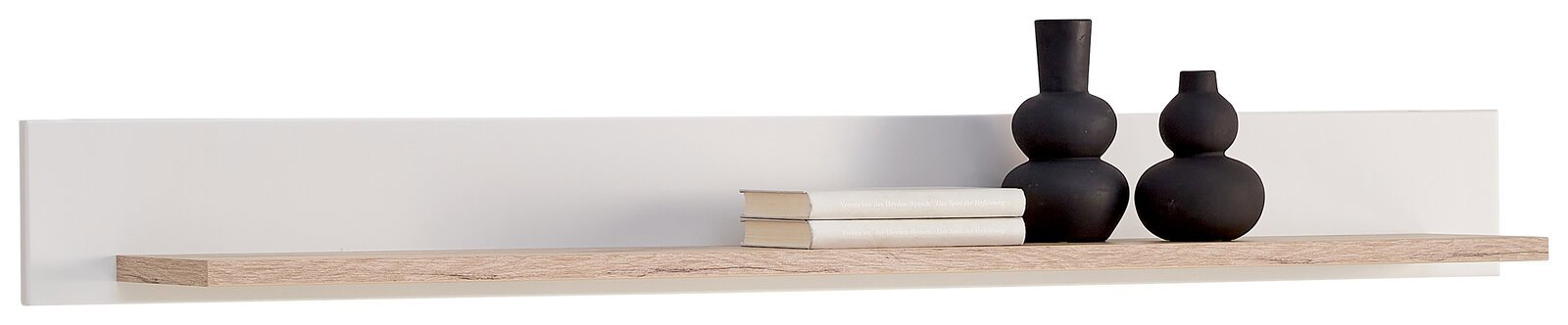 Modernes Wandboard in Holzoptik mit zwei schwarzen Vasen und Büchern, seitliche Perspektive