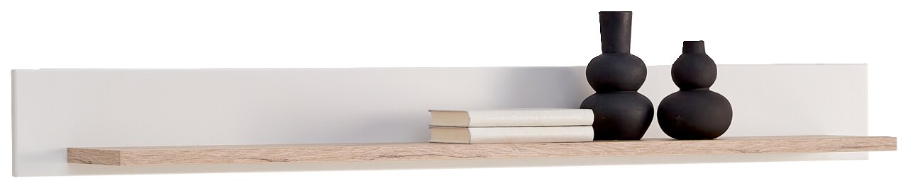 Modernes Wandboard in Holzoptik mit zwei schwarzen Vasen und Büchern, seitliche Perspektive