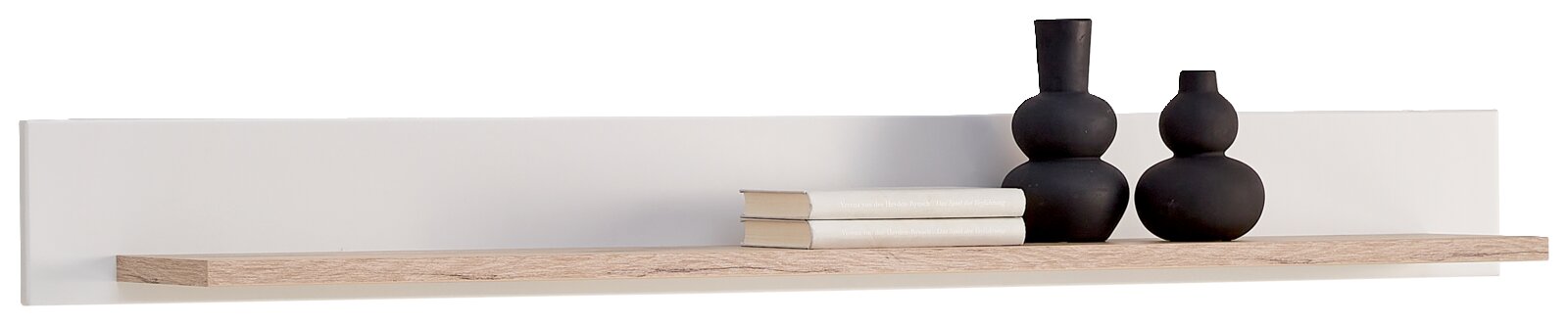 Moderne wandplank in houtlook met twee zwarte vazen en boeken, zijaanzicht