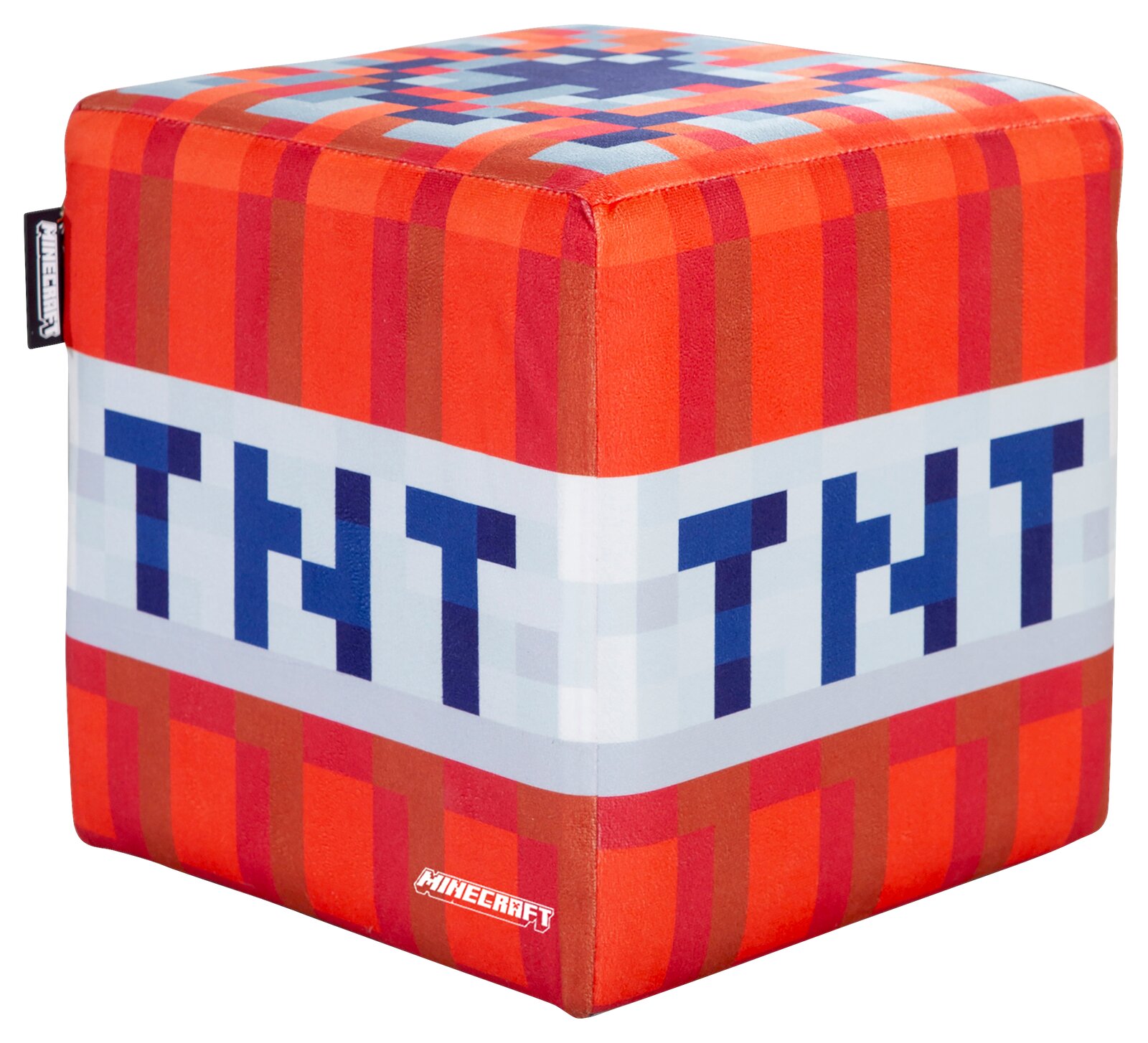Minecraft TNT-blok knuffelkussen in kubusvorm met rood pixelpatroon en wit TNT-opschrift, schuin van voren (3/4-aanzicht) gefotografeerd