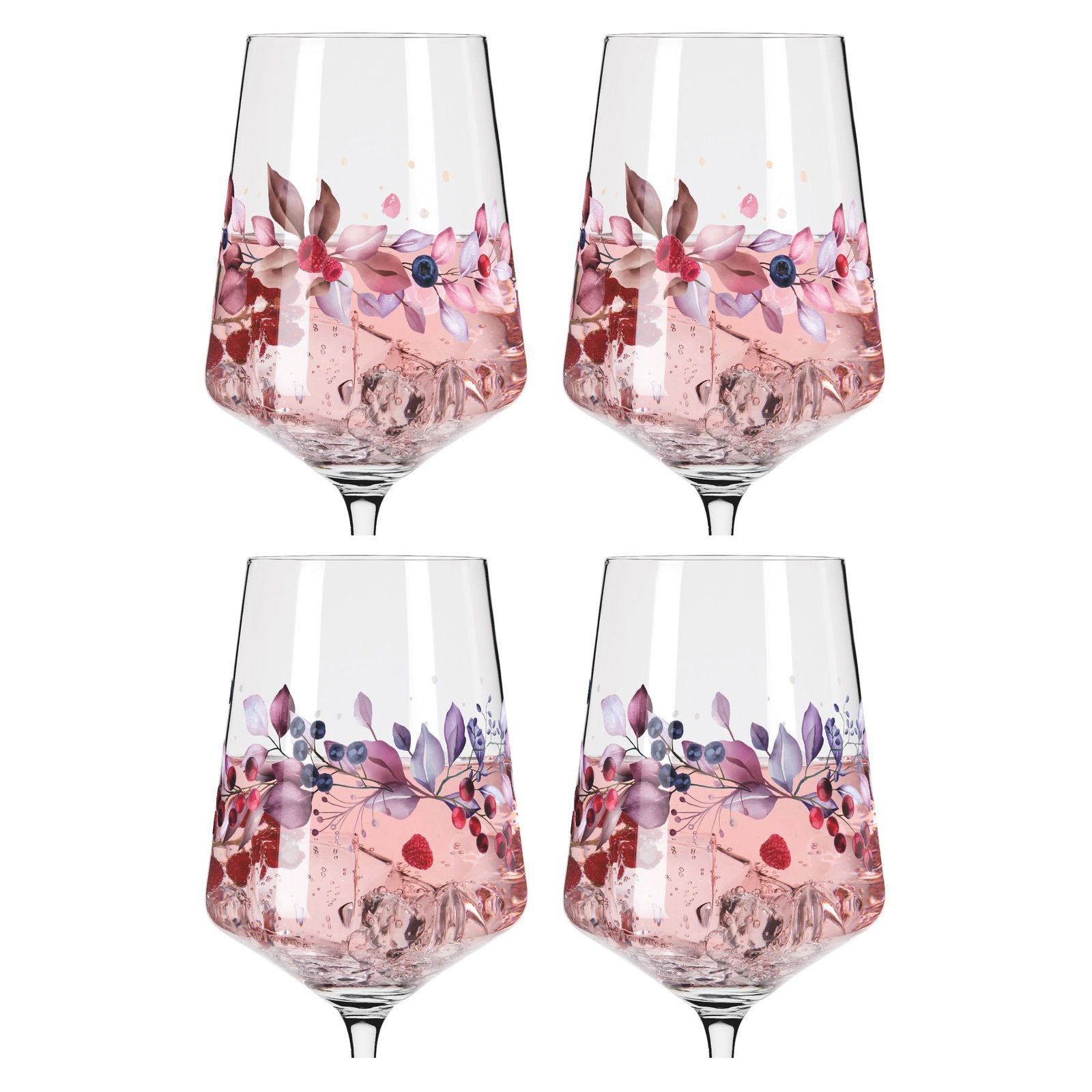 Vier elegante Weingläser mit floralen Mustern und rosa Getränk, frontal betrachtet.