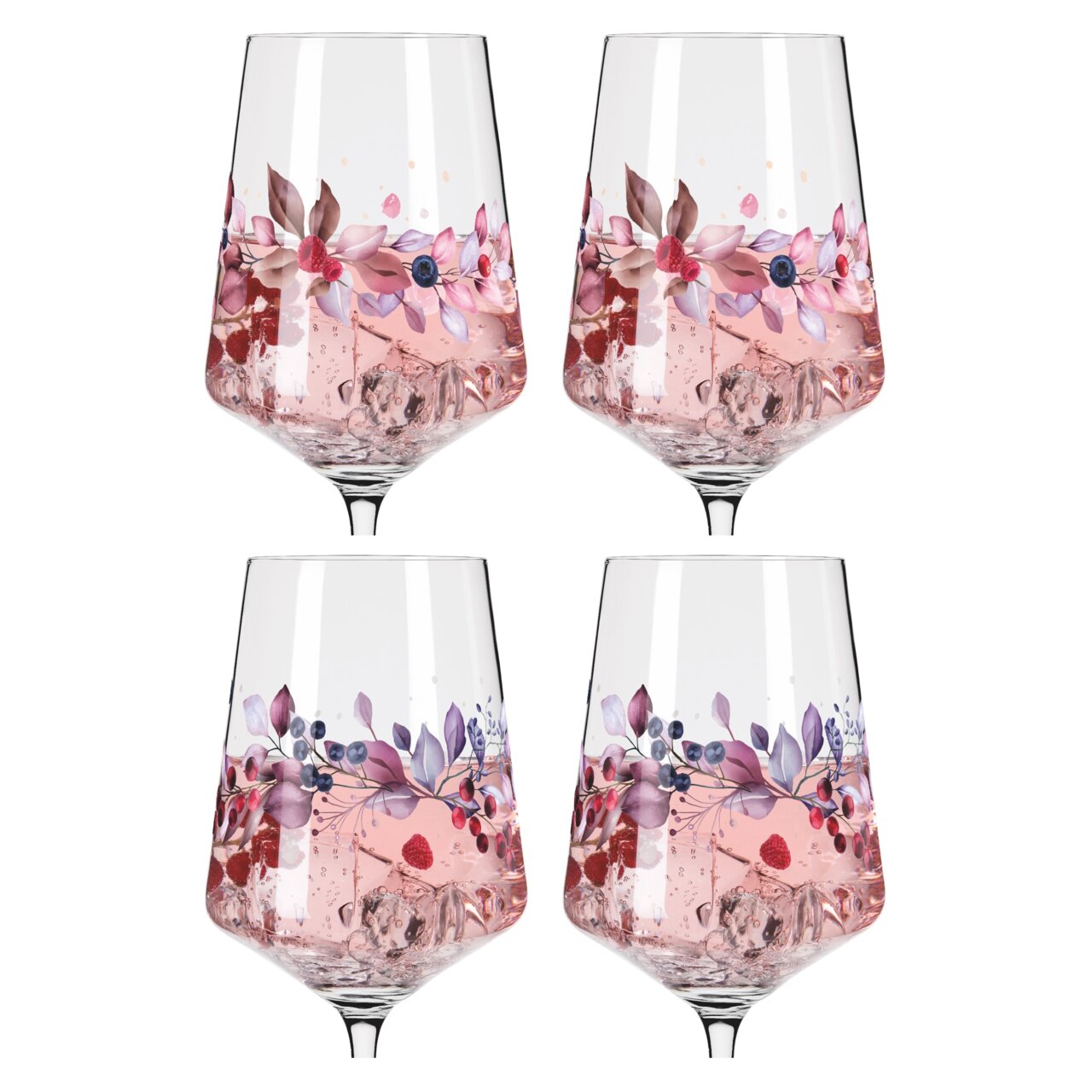 Vier elegante Weingläser mit floralen Mustern und rosa Getränk, frontal betrachtet.