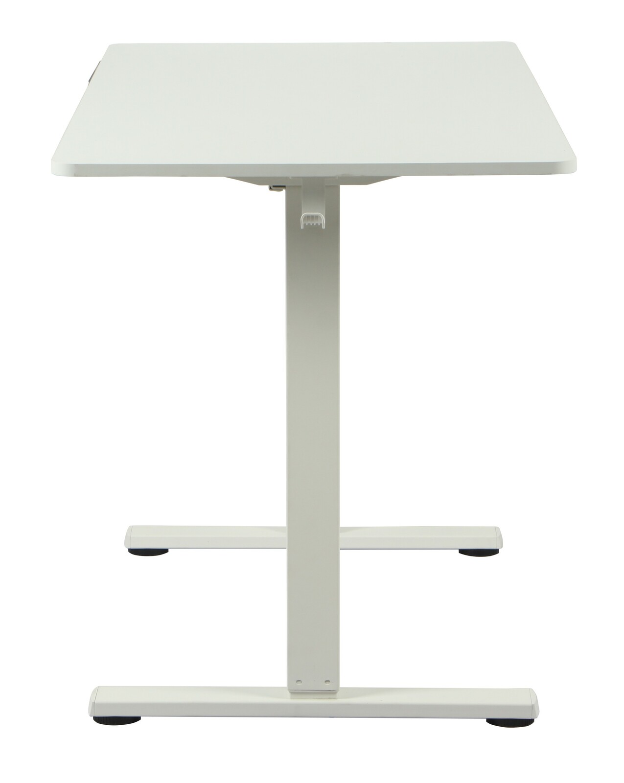 Weißer E-Schreibtisch aus der Frontalperspektive mit T-förmigem Gestell