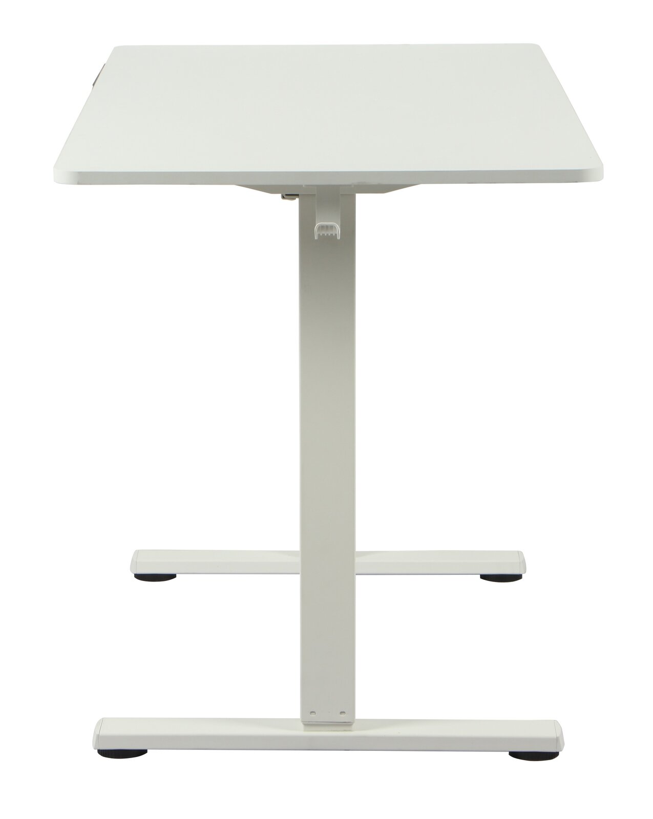 Weißer E-Schreibtisch aus der Frontalperspektive mit T-förmigem Gestell