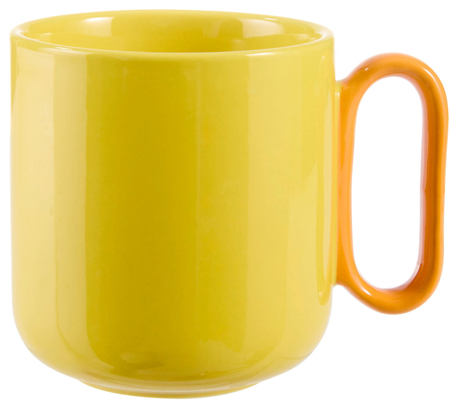 Gelber Kaffeebecher mit orangefarbenem Henkel, seitliche Perspektive