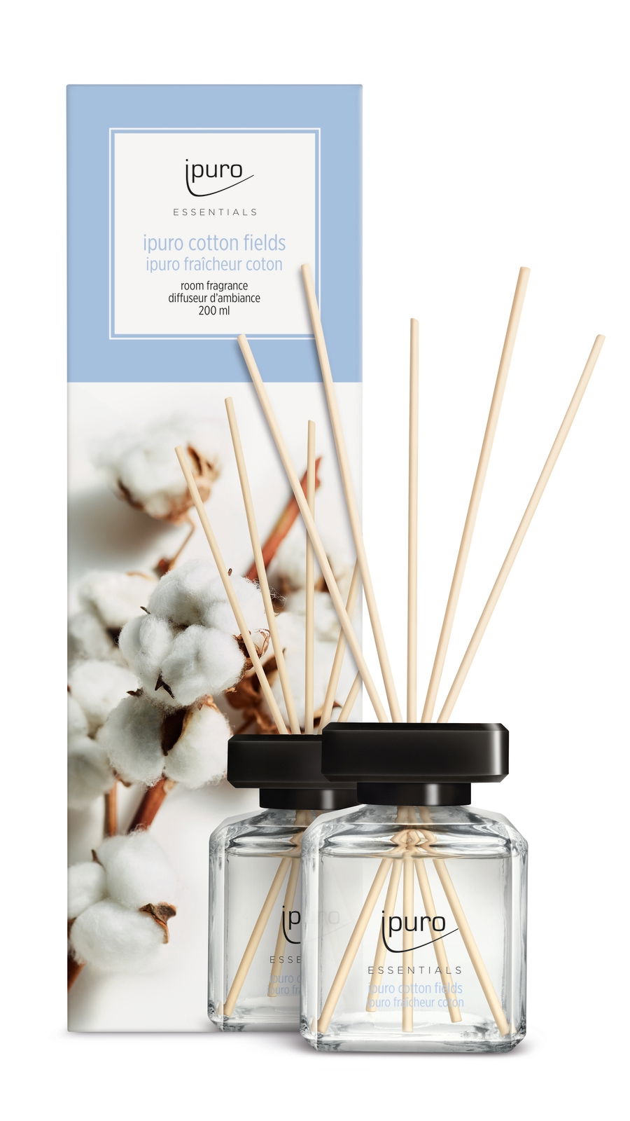 Raumduft Cotton Fields von ipuro mit zwei Glasflaschen und Duftstäbchen, Vorderansicht