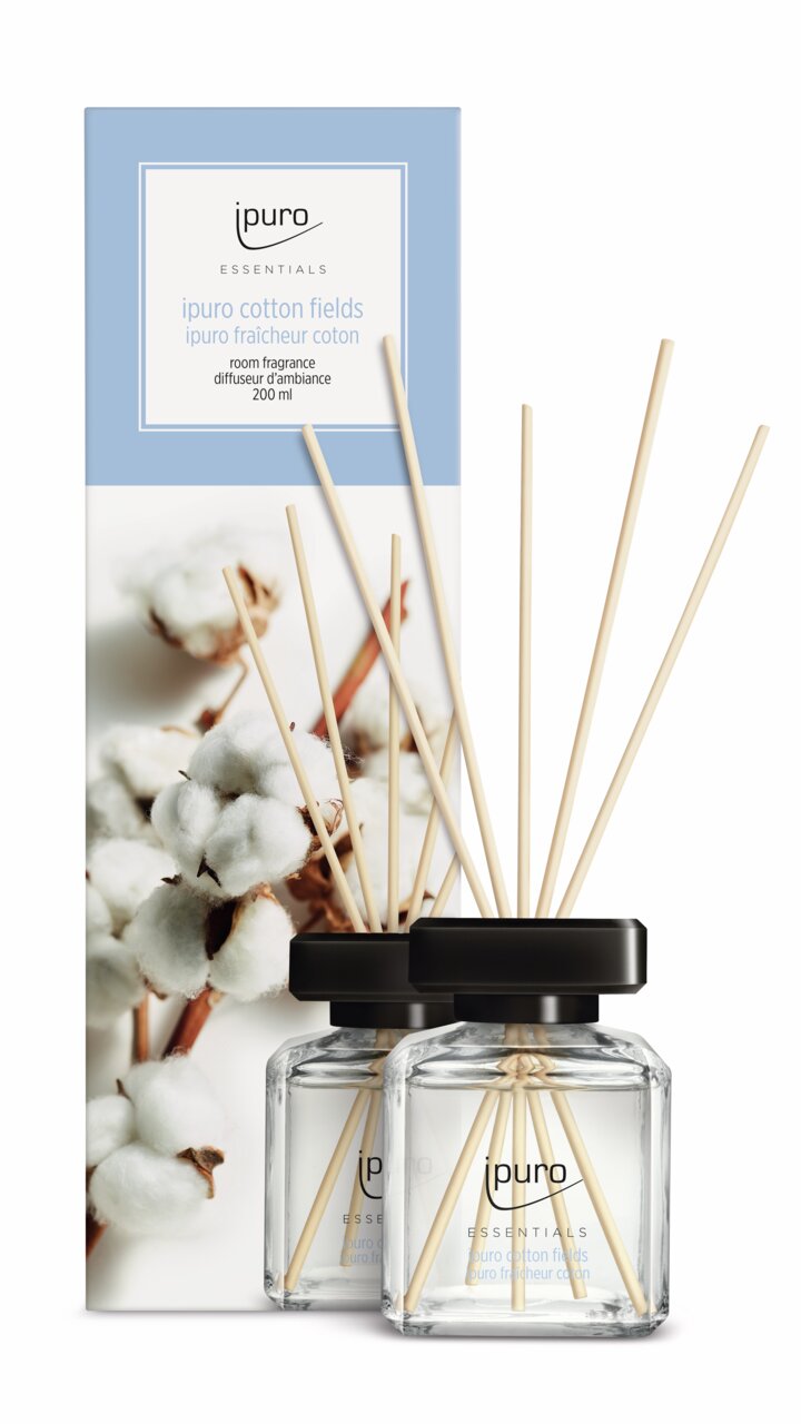 Raumduft Cotton Fields von ipuro mit zwei Glasflaschen und Duftstäbchen, Vorderansicht